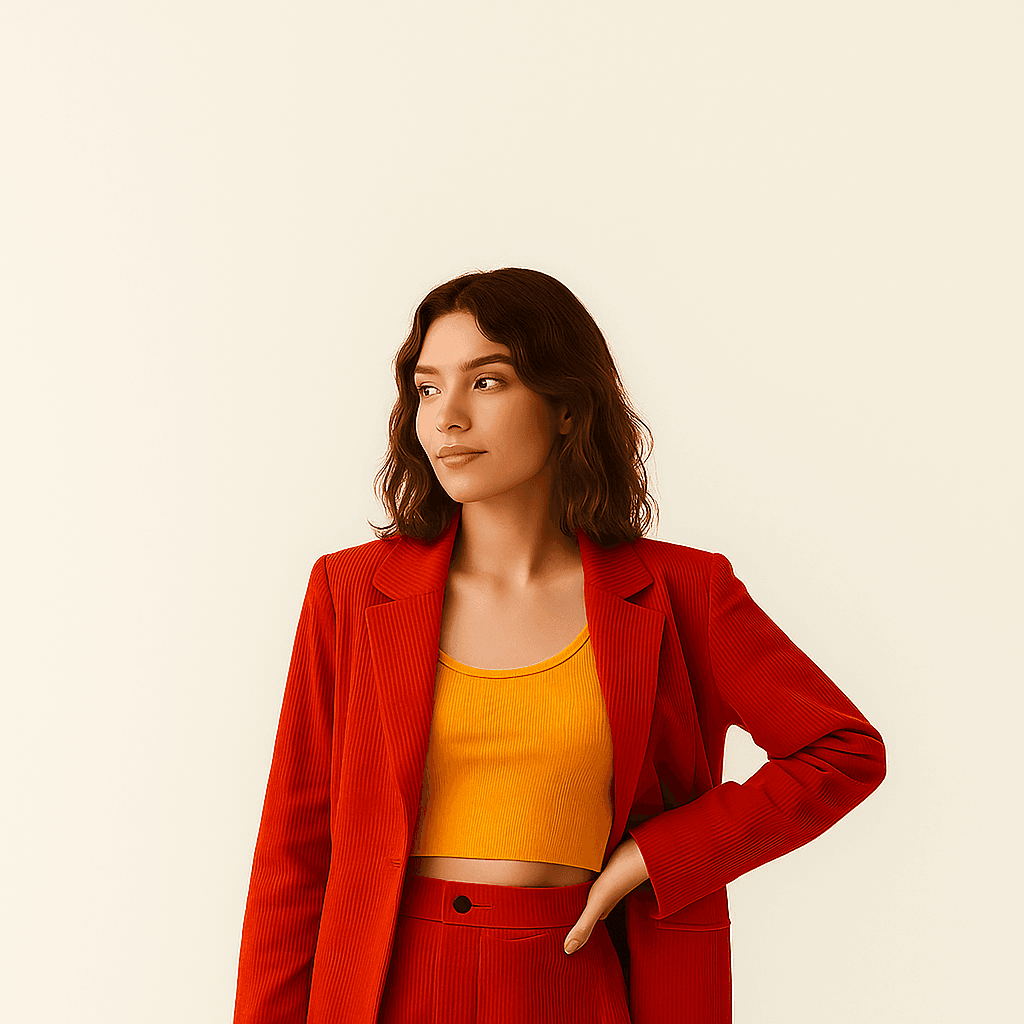 Dos mujeres sonrientes probándose ropa de moda circular en una habitación luminosa.